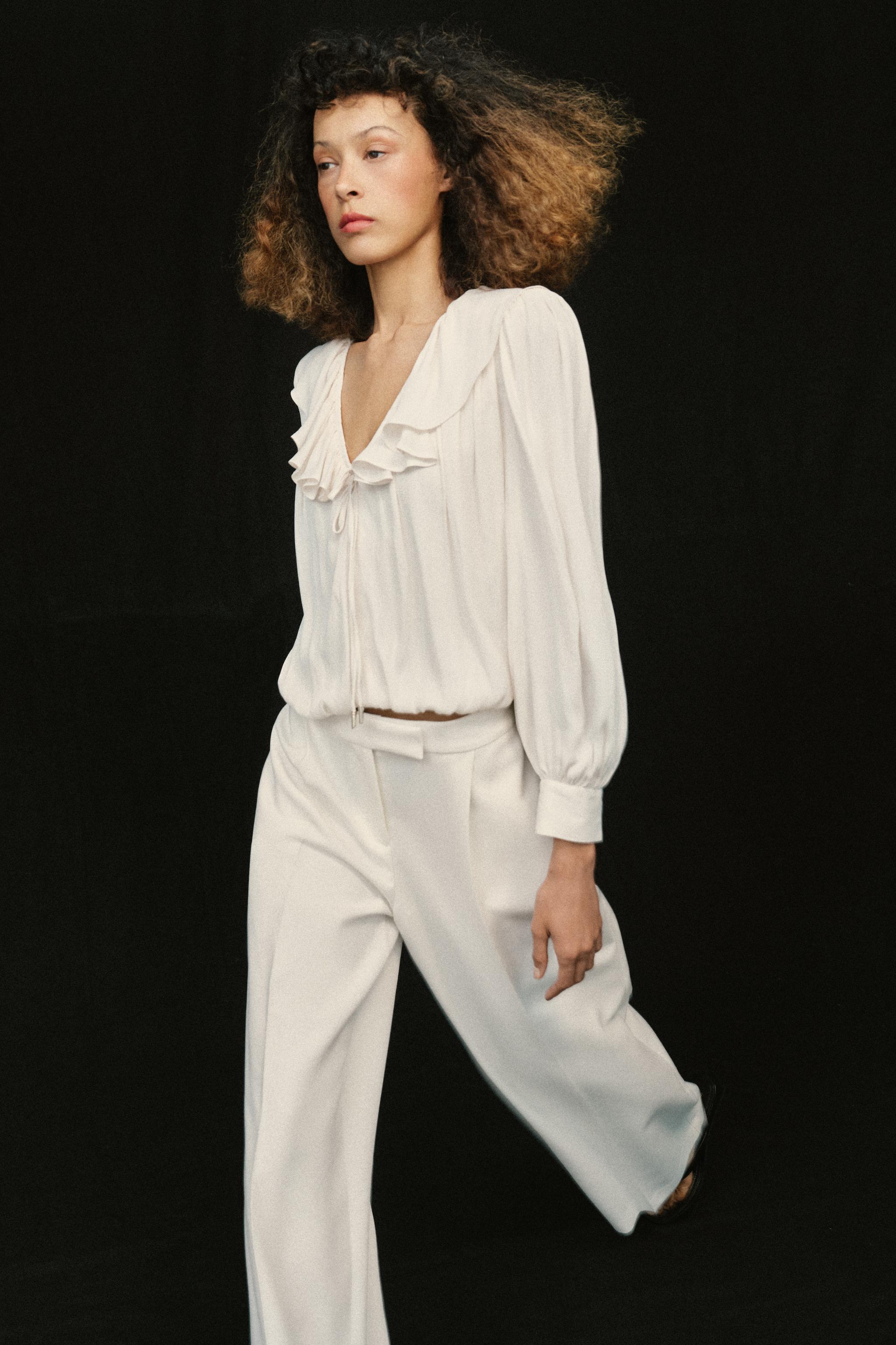 RUFFLED SATIN EFFECT BLOUSE WITH SHOULDER PADS